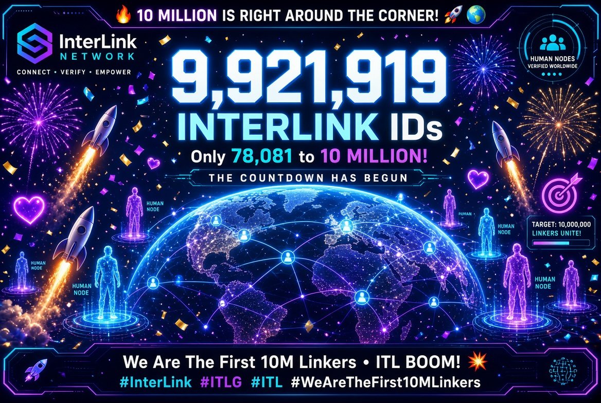 ITLXnews's tweet photo. 🔥 10 MILLION IS RIGHT AROUND THE CORNER! 🚀

InterLink has officially hit 9,921,919 InterLink IDs — a massive step forward for the global Human Network! 🎯
Only 78,081 more verified real humans are needed to complete the historic 10 Million Linkers milestone.

The official countdown has begun.
We are on the verge of becoming the first 10 Million Linkers — a community of unique, verified people powering one of the fastest-growing human-centric blockchain networks in the world. 

Why this milestone matters
InterLink is building a Human Network in the age of AI. Unlike traditional blockchains filled with anonymous wallets and bots, every InterLink ID is tied to a real person through privacy-preserving Proof of Personhood (face scanning + liveness detection). 
Users become Human Nodes — one real human, one node — creating strong Sybil resistance and enabling fair coordination, identity, governance, mini-apps, and more. The long-term vision is to onboard billions of real internet users into a phone-based, human-first Web3 ecosystem.
Reaching 10 million verified Linkers is not just a number. It marks a major community achievement and the foundation for the next phase of growth toward Mainnet and beyond.

What’s coming with the 10M celebration
As the network approaches this landmark, InterLink Labs has prepared special events:
Reverse Auction Buyback — funded by the Labs itself to support the ecosystem and community rewards 
Exclusive rewards for every user among the first 10 million Linkers 
Global Meetup Series — offline events worldwide to share the roadmap and connect Linkers face-to-face 
INTERLINK VIP Merchandise for outstanding contributors
There’s also an ongoing 10M Linkers Avatar Campaign — create yours, update your social profiles, and share with #WeAreTheFirst10MLinkers to be part of the celebration (limited-time rewards available).

ITL BOOM! 💥🚀 
The first 10 million will be remembered forever. 
Join the movement. Verify. Grow the network. Be part of history.

#InterLink #ITLG #ITL #WeAreTheFirst10MLinkers