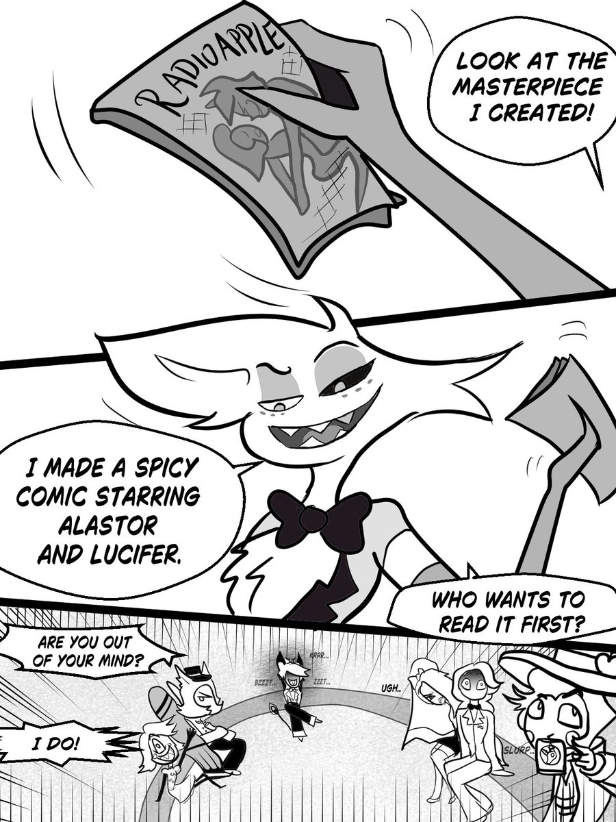 charoiterose's tweet photo. English version of the comic. 🇬🇧📻🍎

#RadioApple #HazbinHotel #FanComic #HazbinHotelFanart https://t.co/6O9XJJquc0