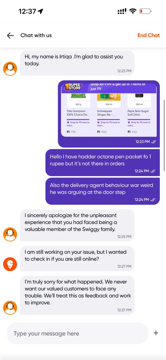 inteamitt's tweet photo. Hi @Swiggy @phanikishan @harshamjty there is a scam going on @SwiggyInstamart   As my cart value was more than 199 hence i have added Octane pen for 1 re and it wasn’t delivered, also you support is fooling on chat order 245743806184566.
@ZeptoNow @letsblinkit is much better. https://t.co/uqPJLkn7Wb