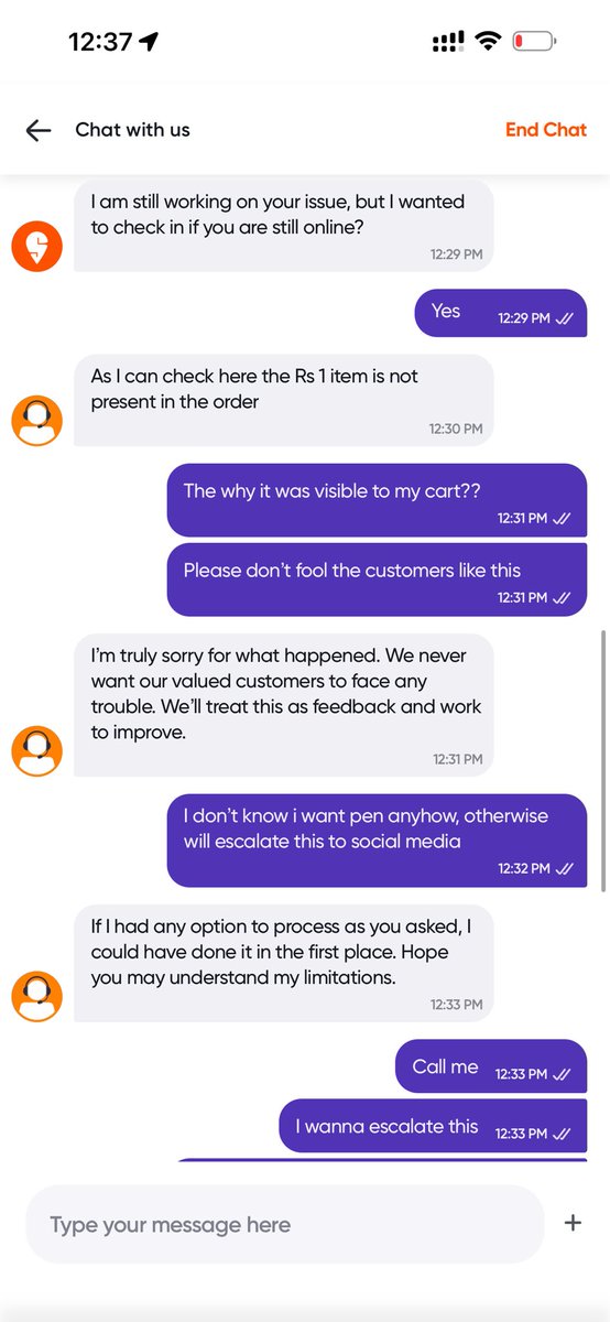 inteamitt's tweet photo. Hi @Swiggy @phanikishan @harshamjty there is a scam going on @SwiggyInstamart   As my cart value was more than 199 hence i have added Octane pen for 1 re and it wasn’t delivered, also you support is fooling on chat order 245743806184566.
@ZeptoNow @letsblinkit is much better. https://t.co/uqPJLkn7Wb