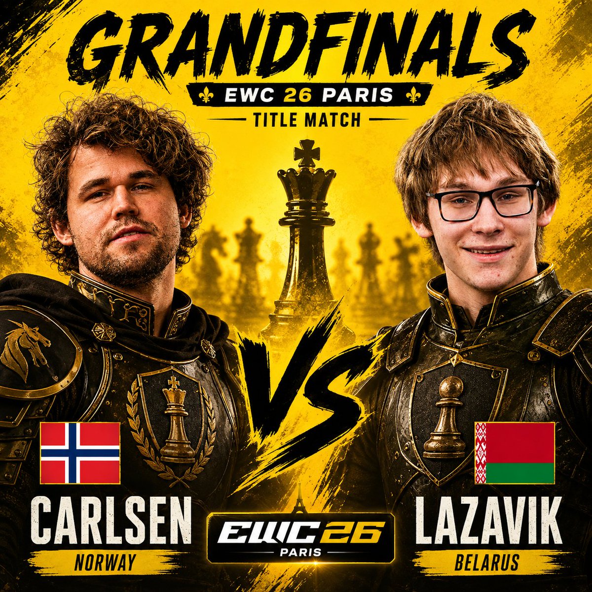 tolitz4x's tweet photo. 📷 Carlsen vs. Lazavik Set for the EWC Grand Final!
Defending champion Magnus Carlsen will face 19-year-old Denis Lazavik in the 2026 Esports World Cup Chess Grand Final in Paris. Carlsen stormed past Firouzja 4–1, while Lazavik defeated Nakamura 3.5–1.5 to earn his spot.
The title clash is set: experience vs. rising star! 📷📷