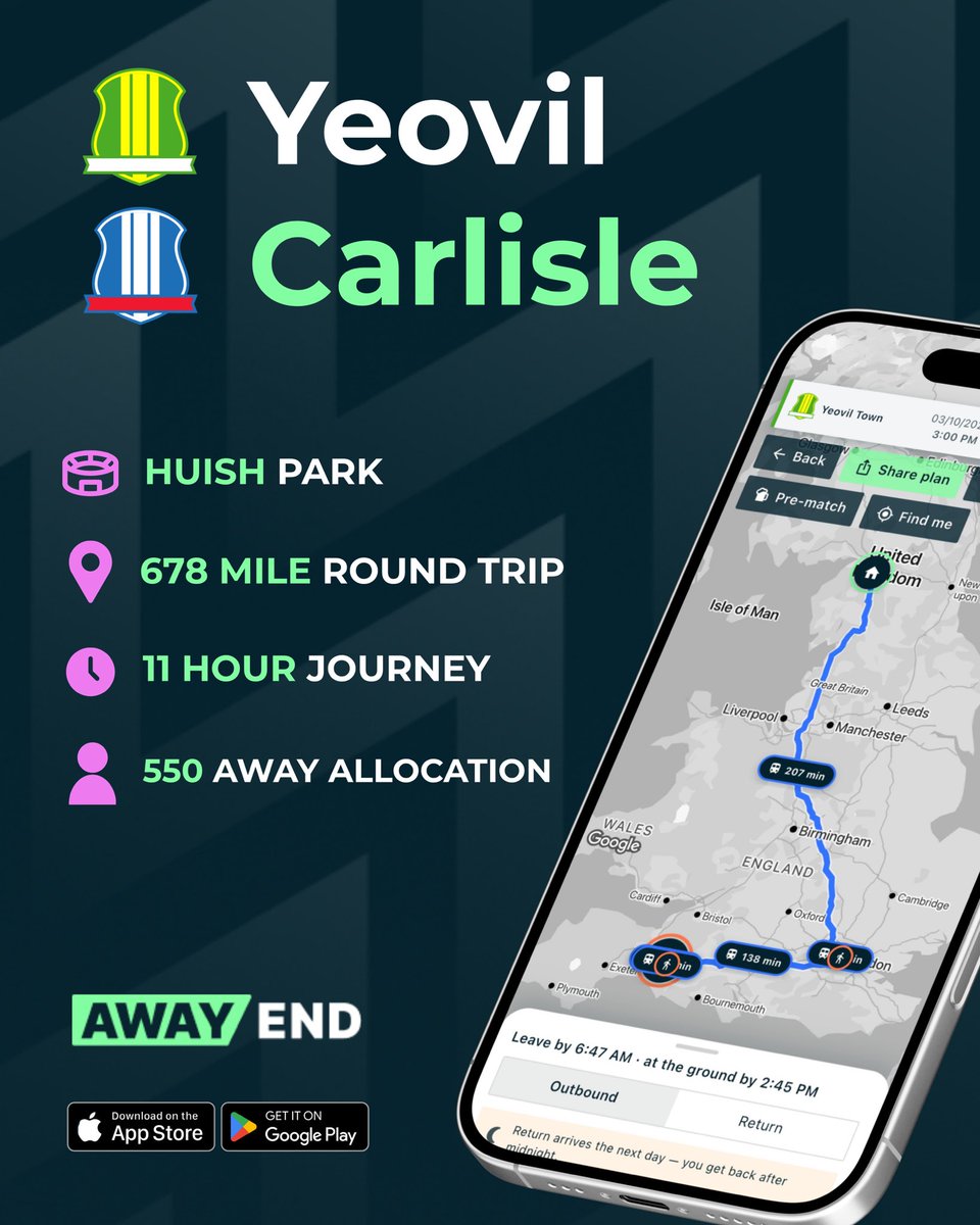 officialawayend's tweet photo. Just the 678 MILE ROUND-TRIP for @officialcufc fans today as they travel to Huish Park to take on @YTFC 🔵🟢
What an effort to all those making the journey!! Safe travels 👏👏👏
Let us know if you’re going below ⬇️
#CUFC #YTF #NationalLeague #Matchday #awaydays #awayendapp https://t.co/qUyaPiuHhh