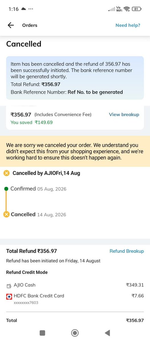 Yash15026864's tweet photo. Ajio is the worst 

Order cancelled by ajio after 9 days and saying I have asked to cancel. See the proof you have cancelled

Now my new coupon which gave 30% is gone

My ajio wallet refer balance is gone/not refunded 

And money stuck in ajio wallet

@AjioCares https://t.co/0EQXNpEj3u