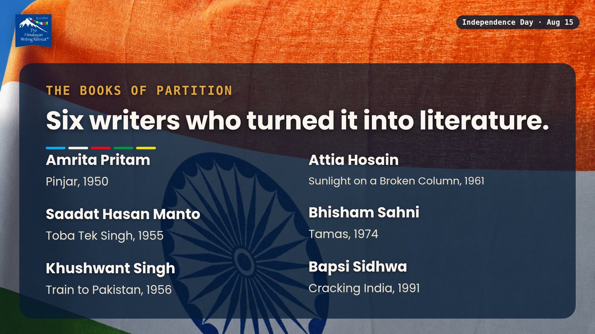 HimalayanWrite's tweet photo. History remembers events. Literature remembers people.

Six writers turned Partition into unforgettable fiction — Manto, Pritam, Singh, Hosain, Sahni, Sidhwa. Some took decades to write it.

Read one? Recommend one we missed.

#IndianLiterature #independenceday https://t.co/F5Sat1fD02