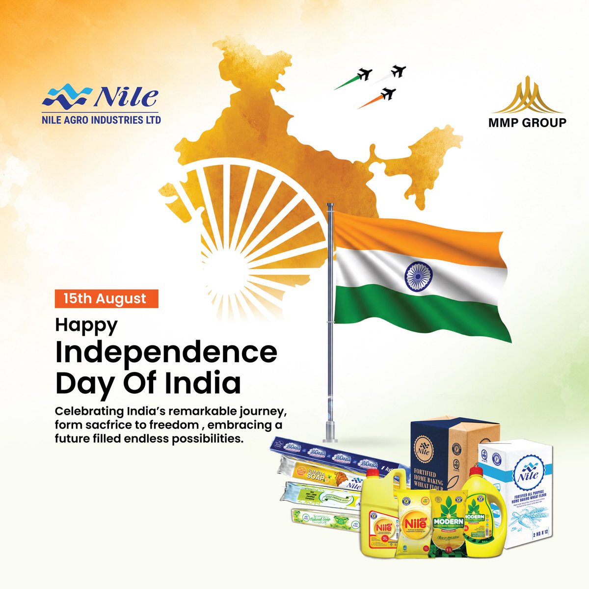 NileAgro's tweet photo. Happy 15th August - Independence Day of India!
Today we celebrate India's remarkable journey - from sacrifice to freedom, and towards a future filled with endless possibilities.
At Nile Agro Industries Ltd &amp; MMP Group, we're proud to nourish homes with quality you can trust. https://t.co/uBZ9CfsQez