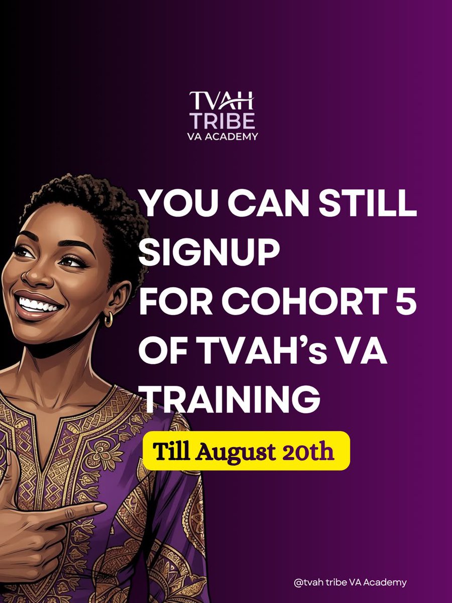 TvahTribe's tweet photo. Good news! 💃🏻 

Registration for Cohort 5 is extended to August 20th

If you thought you missed out, here's your second chance

Fee: ₦25,000 / $25

👉 Register: https://t.co/RIQSry87nl

💬 DM: https://t.co/5HpwTvSAMh

#Cohort5 #RemoteWorkNigeria #VirtualAssistantNigeria https://t.co/8o1BVwOV25