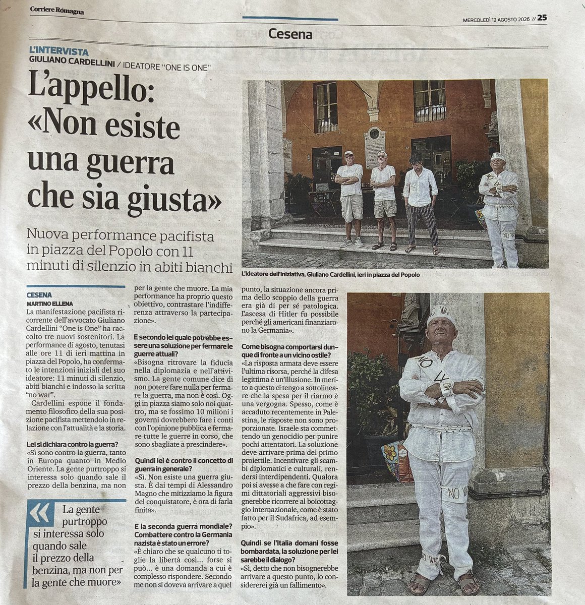 giulianocardell's tweet photo. “ONE IS ONE”

La NUOVA PERFORMANCE ARTISTICA INTERATTIVA 

di Giuliano Cardellini

per dire “NO WAR”
 
Martedì 11 Agosto ore 11.00
Piazza del Popolo a Cesena

O in QUALSIASI ALTRO LUOGO 

Ora hai la possibilità di far sentire la tua voce, puoi aderire a questo FLASH MOB.

Whatsapp: +39 3356117015
Email:  
art@giulianocardellini.com