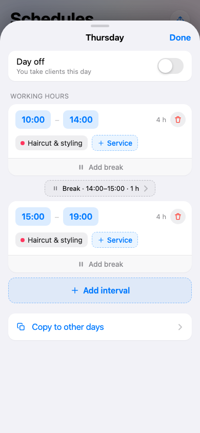 bookingtimeapp's tweet photo. A schedule isn't "9 to 18."

Intervals &amp; breaks, services tied to specific hours, copy one day across the week, up to 3 independent schedules. Clients only ever see free time — each in their own timezone. https://t.co/LKlwixHV76
