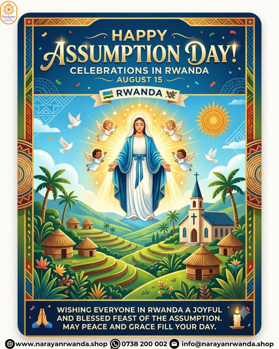narayanrwanda's tweet photo. 🙏✨ Happy Assumption Day, Rwanda!
Wishing you a joyful & blessed feast filled with peace, grace & love. 💙
#AssumptionDay #Rwanda #Kigali #FeastDay #Blessed #NarayanRwanda https://t.co/9pJZNOfh4L