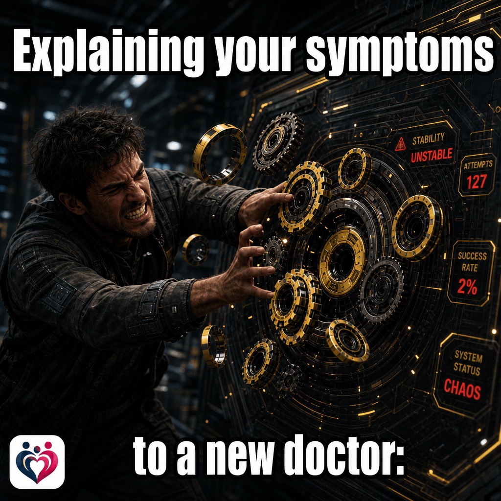 fndconnect_uk's tweet photo. Trying to explain FND to a new doctor feels like trying to disarm a bomb while they ask if you've tried doing yoga. My nervous system is in chaos, I don't need a deep breath, I need someone to read my chart. https://t.co/fEkNe8ckgh