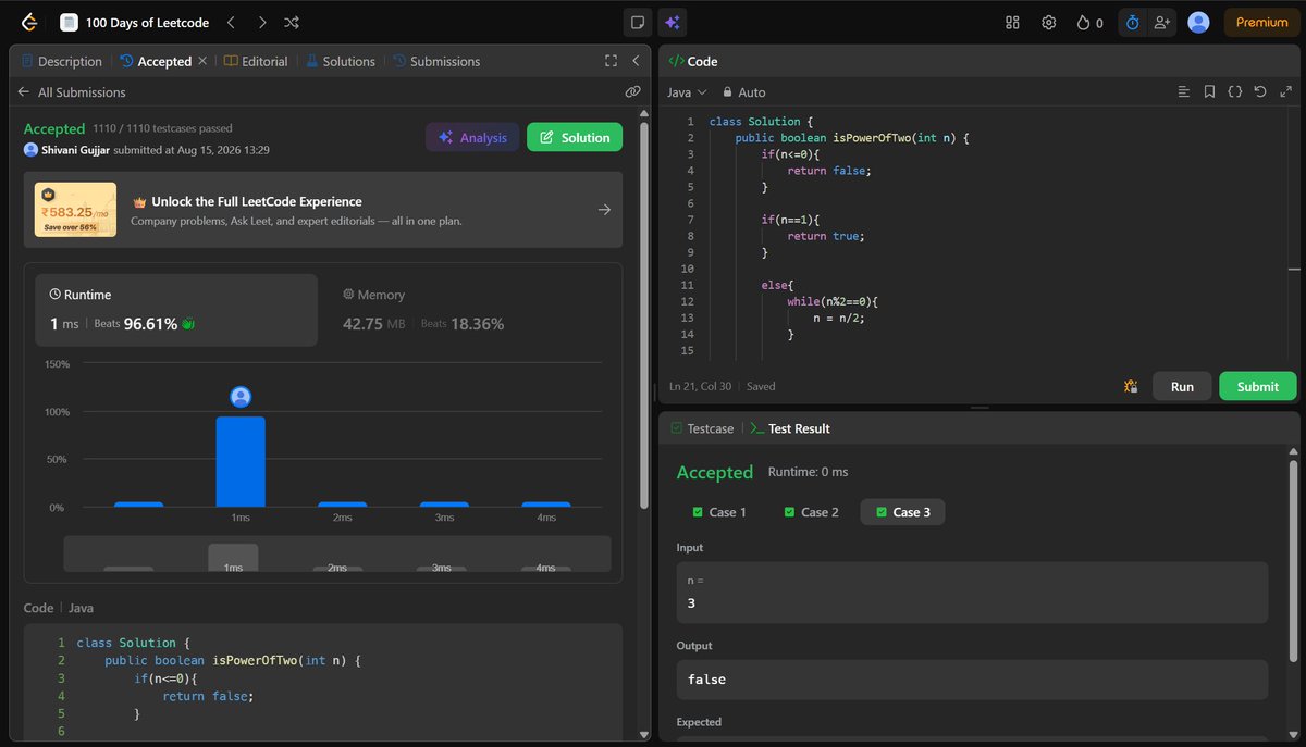 Inavish_Buttar's tweet photo. Day 2/100 - 100 Days of LeetCode 🚀
Power of Two (LeetCode #231) 
Solved and submitted ✅
Thanks to DSA with EdSlash for the roadmap.
#100DaysOfLeetCode #DSAwithedSlash #LeetCode #CodingChallenge https://t.co/SHZPQBE8Hw