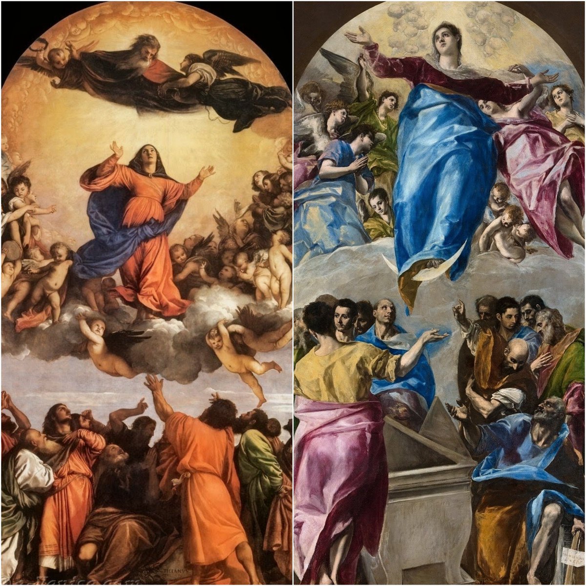 FourreauOlga's tweet photo. L'Assomption de la Vierge : 
- Tiziano (1515-18), Maître-autel de la basilique Santa Maria Gloriosa dei Frari, ou église des Frari, Venise. C'est le plus grand retable de Venise.
- El Greco (1577), exposée depuis le début du XXe siècle à l'Art Institute of Chicago, États-Unis.
. https://t.co/J9SX4m1Nrb