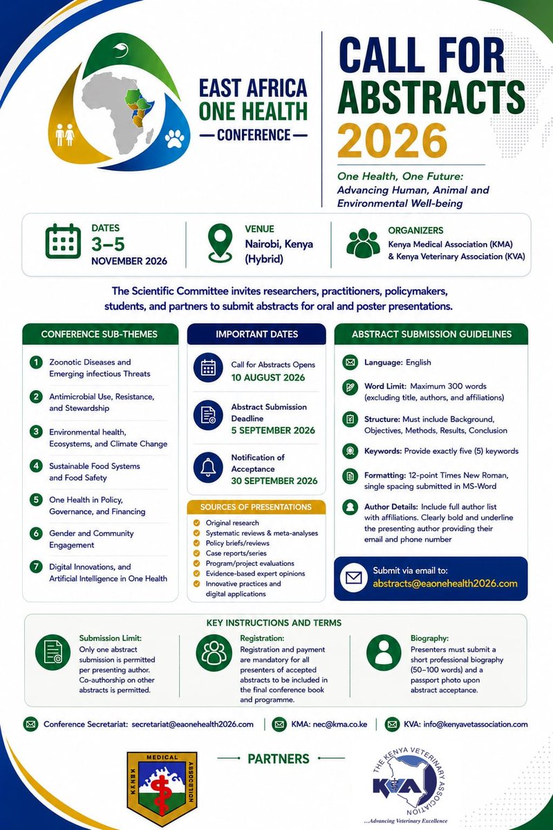 eaonehealth's tweet photo. Call for Abstracts - East Africa One Health Conference 2026 Now Open!
For more information https://t.co/BrHuphCUnj
Website: https://t.co/SEI7olsyoJ
@VeterinaryKenya @KenyaMedics_KMA @Kenyamedassoc https://t.co/ZTOp8NbtOc