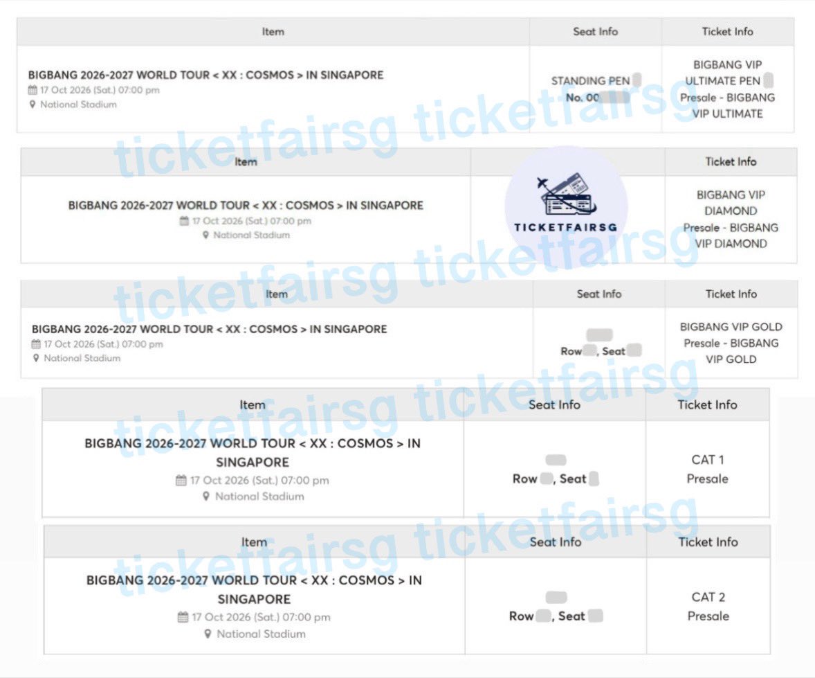 TFTickets's tweet photo. BIGBANG WORLD TOUR <XX: COSMOS> IN SINGAPORE CONCERT 🇸🇬

➡️ WTS Tickets
- VIP Ultimate/Diamond/Gold
- Cat 1/2

🎫 https://t.co/9PojUZL14l

📩Contact: https://t.co/8zYjvYPQu5

#TPA #TA #BIGBANG #COSMOS_WORLD_TOUR #COSMOS_WORLD_TOUR_IN_SINGAPORE #BIGBANGinSG #BIGBANGinSINGAPORE https://t.co/99eflLF7Zo