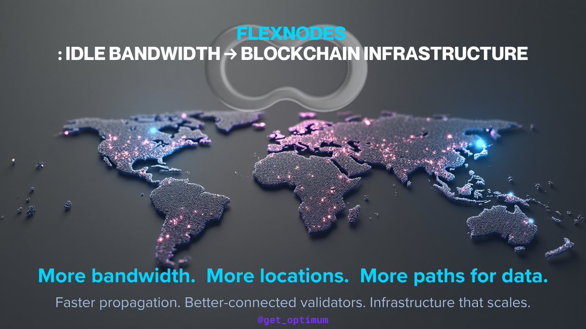 IJspI's tweet photo. Most people think blockchain infrastructure means servers, data centers, and expensive hardware.

Optimum sees it differently.

Flexnodes turn idle bandwidth into active blockchain infrastructure. That laptop sitting on your desk? The home internet connection you pay for every month? They can become part of a global data acceleration network.

More bandwidth means more paths for data. More paths mean faster propagation. Faster propagation means better-connected validators, regardless of where they are in the world.

The result is infrastructure that scales with participation. Every new Flexnode makes the network stronger, not slower.

This is how you build a network that doesn't rely on a few powerful players. This is how you make decentralization actually work at scale.

Not more servers. Just smarter use of what's already there.

@get_optimum