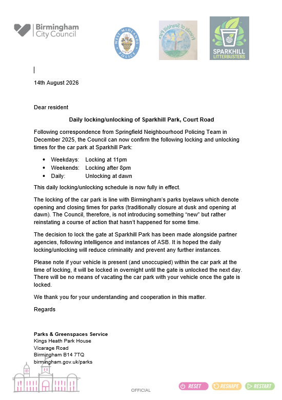 SpringfieldWMP's tweet photo. Officers from the team have responded to concerns from the community regarding ASB at Court Road Car Park and have initiated work with our partners to tackle this issue. As a result, the gate is now being closed daily. Please see below letter issued by @BhamCityCouncil. https://t.co/ZFTcadV1DA
