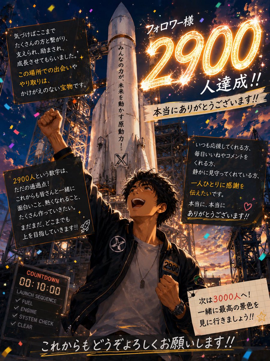 mm159mMM's tweet photo. 🚀フォロワー様 2,900人達成🚀

ついにここまで来ました！！
3,000人まで、あと100人🔥

始めた頃には想像もしていなかった景色が、
少しずつ現実になってきています。

ここまで来られたのは、
自分ひとりの力では絶対にありません。

投稿を見てくれる方。
いいねやRPをしてくれる方。
リプで盛り上げてくれる方。
そしてずっと繋がってくれている方。

皆さんの存在があったからこその
2,900人です☺️✨

本当にありがとうございます！！

いよいよ次は3,000人。
ここまで来たら全力で突っ走ります🚀🔥

これから出会う方も、
今ずっと一緒にいてくれる方も、
引き続きよろしくお願いします😆🤝

2,900人、本当にありがとう！！
さぁ、3,000人へのカウントダウン開始！！🔥🔥🔥
#感謝 #ありがとう #2900人