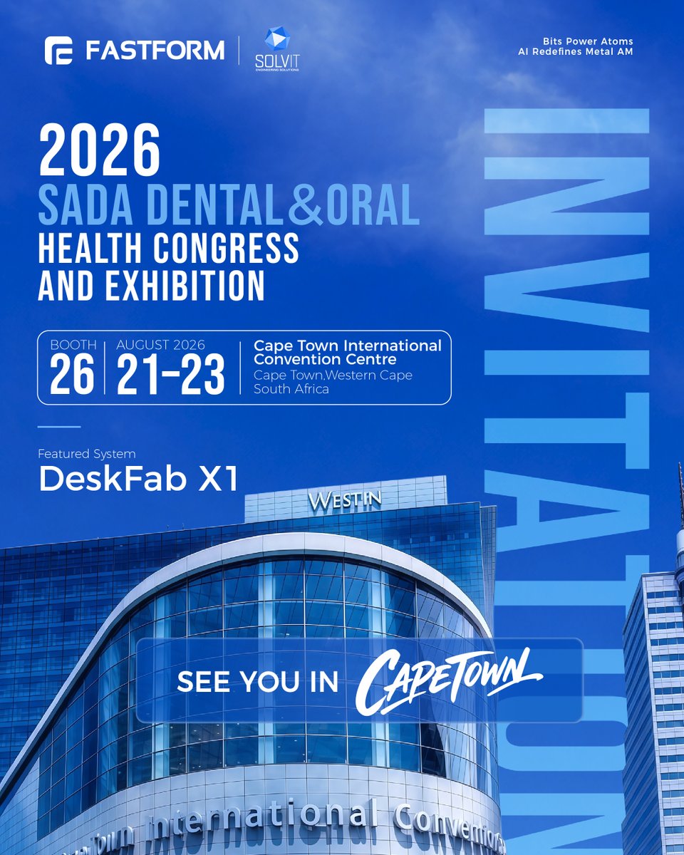 fastform3dprint's tweet photo. FastForm is coming to Cape Town! 🇿🇦

Visit our partner SOLVIT at SADA 2026 and discover the compact DeskFab X1 for digital dental production.

📅 Aug 21–23
📍 CTICC | Booth 26
#FastForm #DeskFabX1 #SADA2026 #DigitalDentistry https://t.co/XQYHTlmJ8m