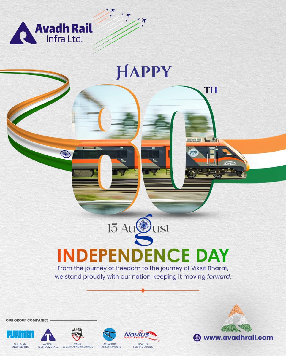 avadhrailinfra's tweet photo. This Independence Day, Avadh Rail Infra salutes the spirit of a nation that continues to build, innovate and progress. 

Happy 80th Independence Day! 🇮🇳

#IndependenceDay #15August #ViksitBharat #IndianRailways #RailInfrastructure #AvadhRailInfra #IndiaMovingForward https://t.co/Oq8Juq8GD5