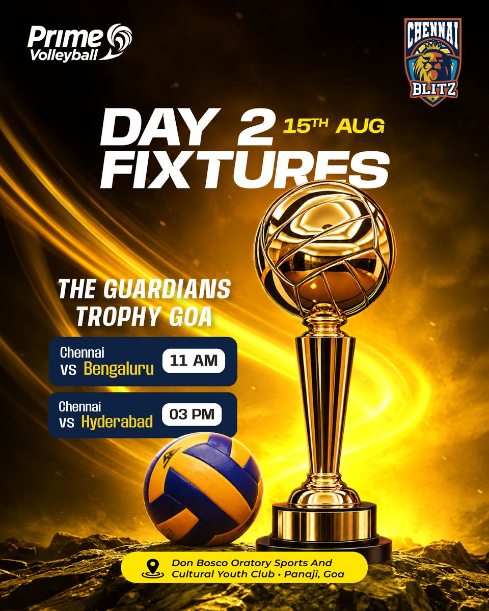 ChennaiBlitz's tweet photo. Day 2 is here! 🏆🔥 The Guardians Trophy kicks off with Chennai Blitz taking on Bengaluru at 11 AM and Hyderabad at 3 PM. Let the battle begin! 💛🏐

▶️ Live on Goa Guardians YouTube Channel

#ChennaiBlitz #GuardiansTrophy #PrimeVolleyball #Volleyball https://t.co/CRa7a7InGd