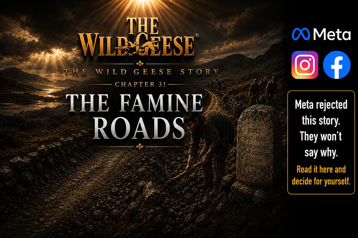TWGspirits's tweet photo. Meta rejected this story. No reason was given. It matters that it’s read. https://t.co/YVWv6htkrn

Chapter 31 — The Famine Roads
Across the west of Ireland there are roads that lead nowhere — begun in bog, ending at a lakeshore, built during the worst years of the Famine under a scheme that refused to feed the starving as charity and made them break stone instead, for a wage set deliberately below what they needed to live. Many died where they worked. The foremen noted it in the ledgers. The roads are still there.
Forty of these stories passed Meta’s review. This one did not, and no reason was offered. Draw your own conclusion. Someone died building that road, and the least we can do is not let the account of it go quietly.

Read it here → https://t.co/YVWv6htkrn
