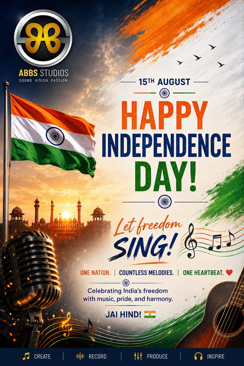 AJANEESHB's tweet photo. 🇮🇳 Let freedom sing! 🎶
One nation, countless melodies, one heartbeat. ❤️
Celebrating India’s freedom with music, pride, and harmony. 🎵🇮🇳
Happy Independence Day! Jai Hind! VandeMataram! 

@crbobbymusic #abbsstudios https://t.co/pdBAxZ4zFO