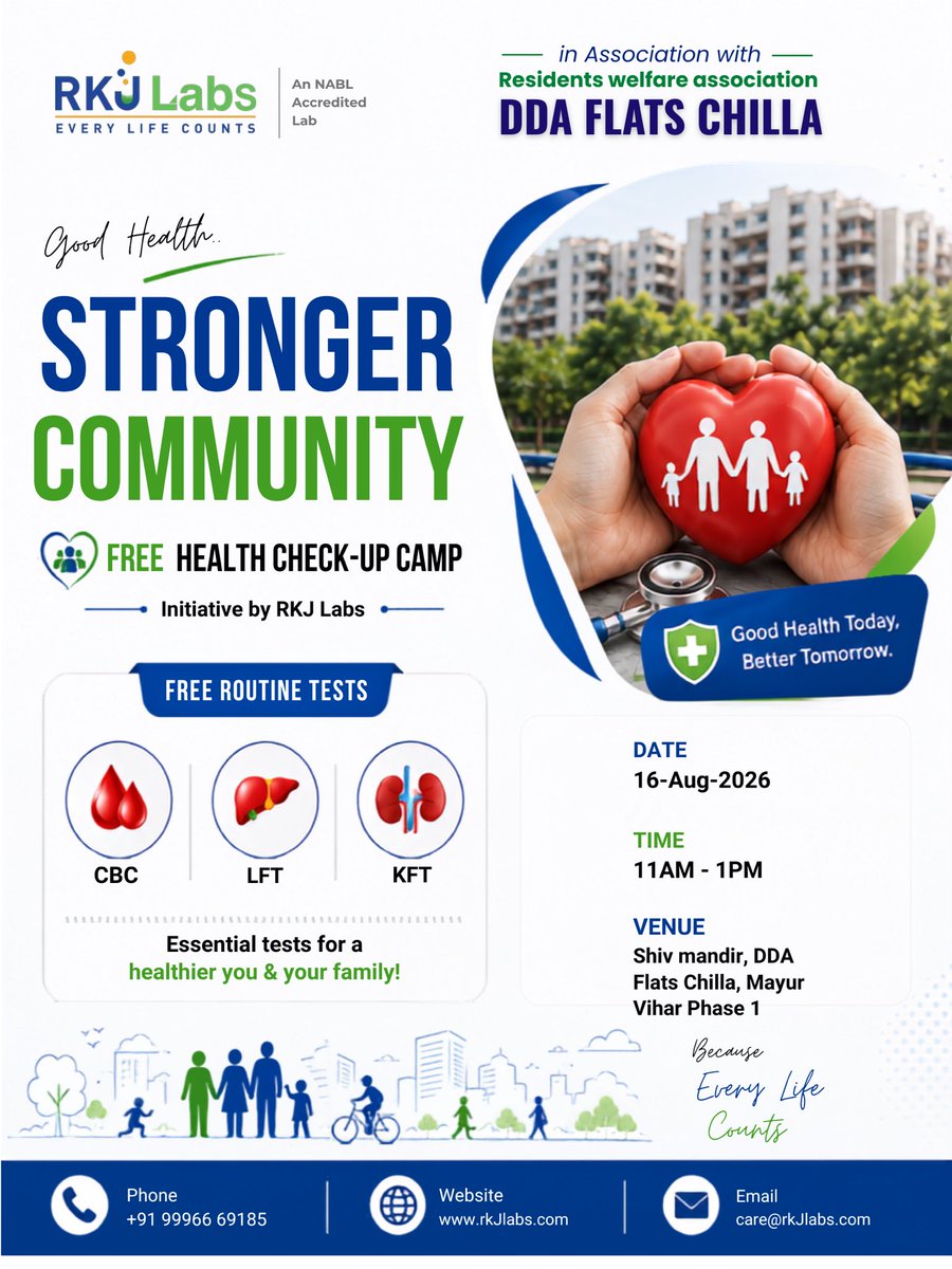 RKJLabs's tweet photo. Good health. Stronger community. 💙

RKJ Labs × RWA DDA Flats Chilla bring a FREE Health Check-Up Camp.

🩸 CBC | 🫀 LFT | 🫘 KFT
📅 16 Aug | ⏰ 11AM–1PM
📍 Shiv Mandir, DDA Flats Chilla, Mayur Vihar Phase 1

Every Life Counts. ❤️

#RKJLabs #FreeHealthCamp https://t.co/TyGc7THAj6