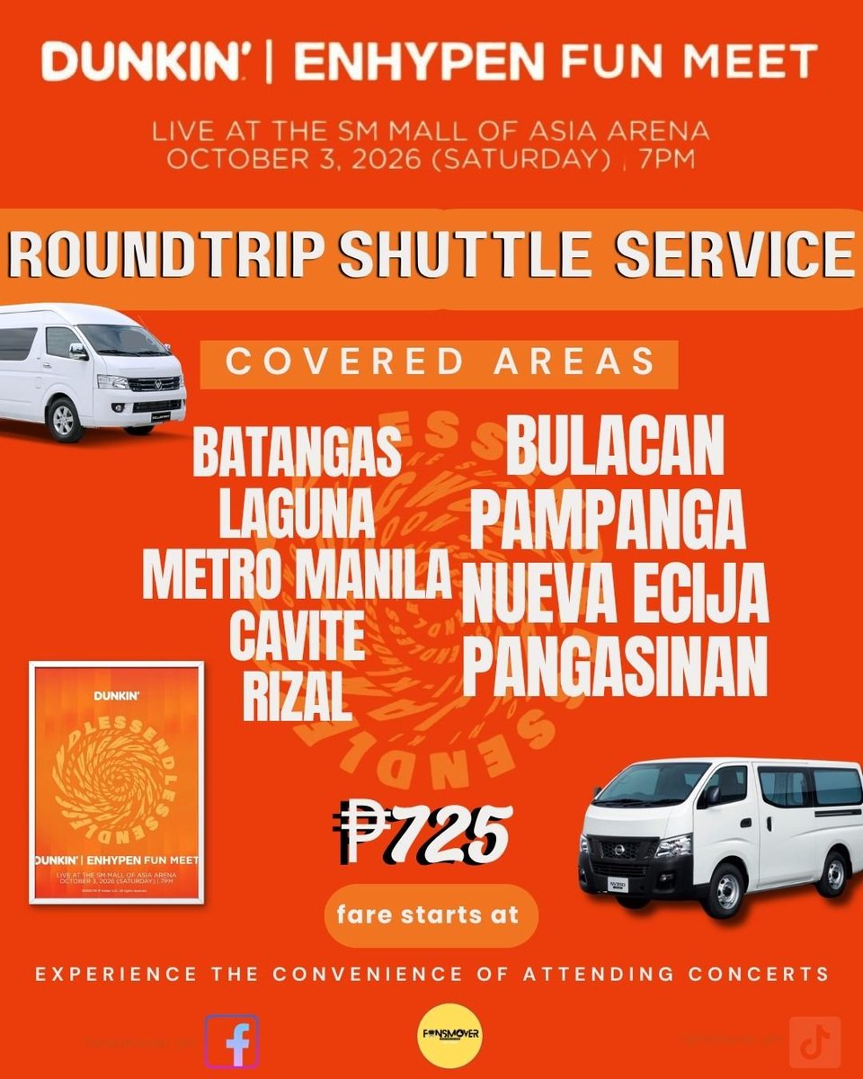 en_updatesph's tweet photo. We're happy to share to Engenes the PICK UP & DROP OFF Locations for Endless Fun Meet Shuttle Services by Fans Mover PH at MOA Arena this October 3, 2026 🤩

🧡  Serving Filo ENGENEs from Batangas, Laguna, Metro Manila, Cavite, Rizal, Bulacan, Pampanga, Nueva Ecija & Pangasinan.

Book your spot before seats are all taken! 🧡🩷

For inquiries or reservations, follow/send a message thru:

FACEBOOK : Fans Mover PH
TIKTOK : @/fansmover.ph
X: @FansMoverPH

#DunkinPH_ENDLESS #ENDLESSFunMeet
#ENHYPEN #MOAArena #SMMallOfAsiaArena #Carpool #BookYourRide #BookWithUs #FunMeet  #FansMoverPH #CarpoolForConcerts #ShuttleServiceAssistance #ConcertCarpool #Concert2026 #MallOfAsiaArena