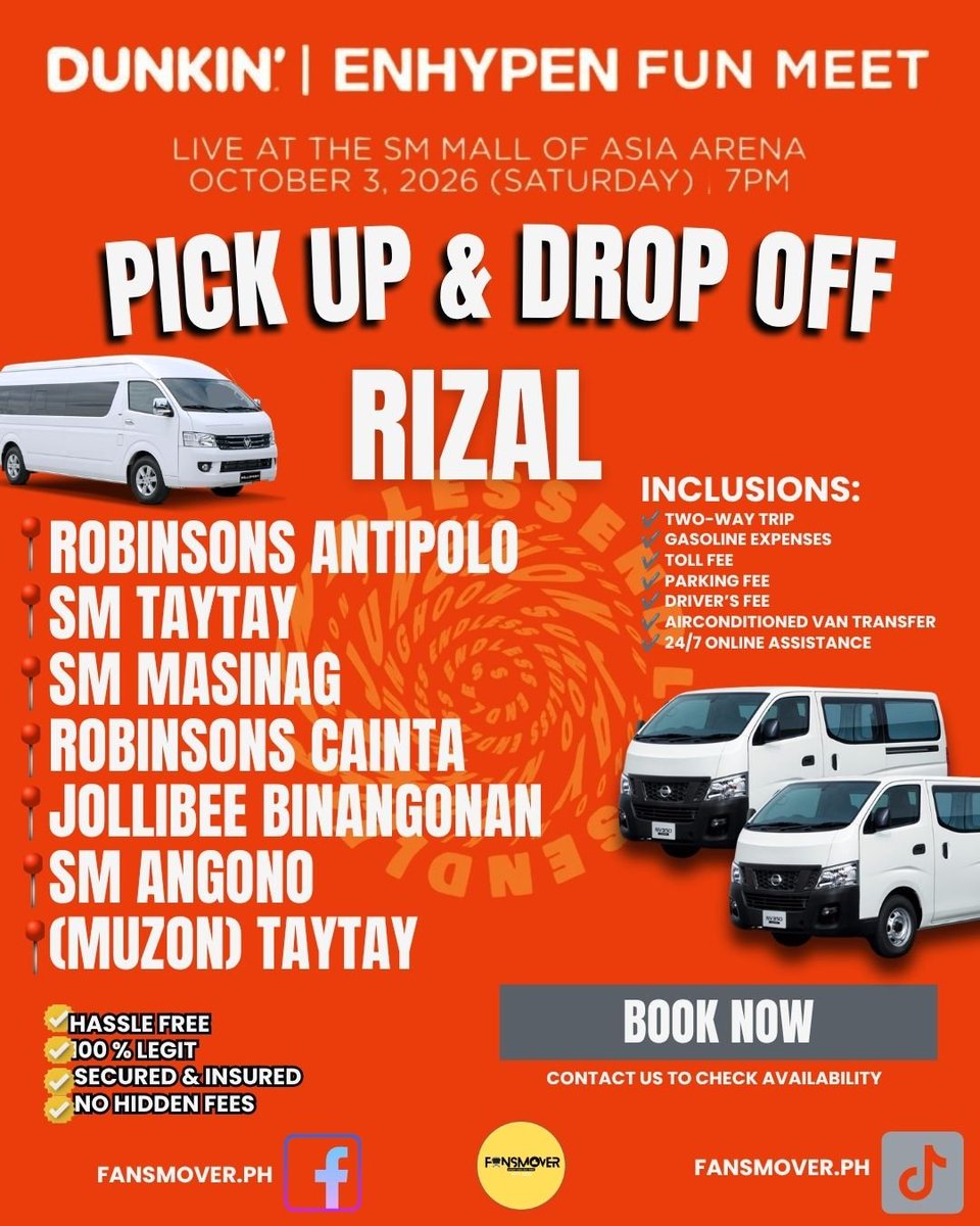 en_updatesph's tweet photo. We're happy to share to Engenes the PICK UP & DROP OFF Locations for Endless Fun Meet Shuttle Services by Fans Mover PH at MOA Arena this October 3, 2026 🤩

🧡  Serving Filo ENGENEs from Batangas, Laguna, Metro Manila, Cavite, Rizal, Bulacan, Pampanga, Nueva Ecija & Pangasinan.

Book your spot before seats are all taken! 🧡🩷

For inquiries or reservations, follow/send a message thru:

FACEBOOK : Fans Mover PH
TIKTOK : @/fansmover.ph
X: @FansMoverPH

#DunkinPH_ENDLESS #ENDLESSFunMeet
#ENHYPEN #MOAArena #SMMallOfAsiaArena #Carpool #BookYourRide #BookWithUs #FunMeet  #FansMoverPH #CarpoolForConcerts #ShuttleServiceAssistance #ConcertCarpool #Concert2026 #MallOfAsiaArena