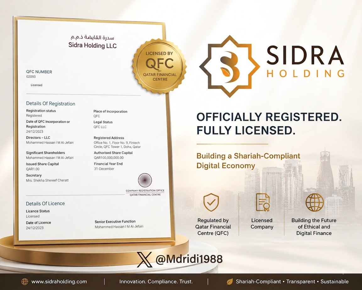 Mdridi1988's tweet photo. 🚀 Big news for the community! 💎
Sidra Holding LLC is officially registered and fully licensed under the Qatar Financial Centre (QFC)! 🏛️✨
Building a strong, transparent, and Shariah-compliant digital economy for the future! 🌐🔒​#SidraChain #Crypto #Fintech #Blockchain #Web3 https://t.co/MBk6wDXwlk