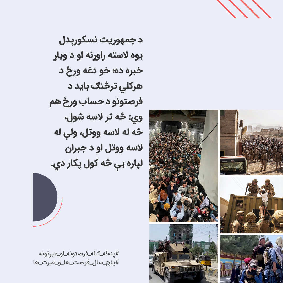 HTAFMediaOffice's tweet photo. د جمهوریت نسکورېدل یوه لاسته راوړنه او د ویاړ خبره ده؛ خو دغه ورځ د هرکلي ترڅنګ باید د فرصتونو د حساب ورځ هم وي: څه تر لاسه شول، څه له لاسه ووتل، ولې له لاسه ووتل او د جبران لپاره یې څه کول پکار دي.
#پنځه_کاله_فرصتونه_او_عبرتونه
#پنج_سال_فرصت_ها_و_عبرت_ها https://t.co/GjaiqTV1eP