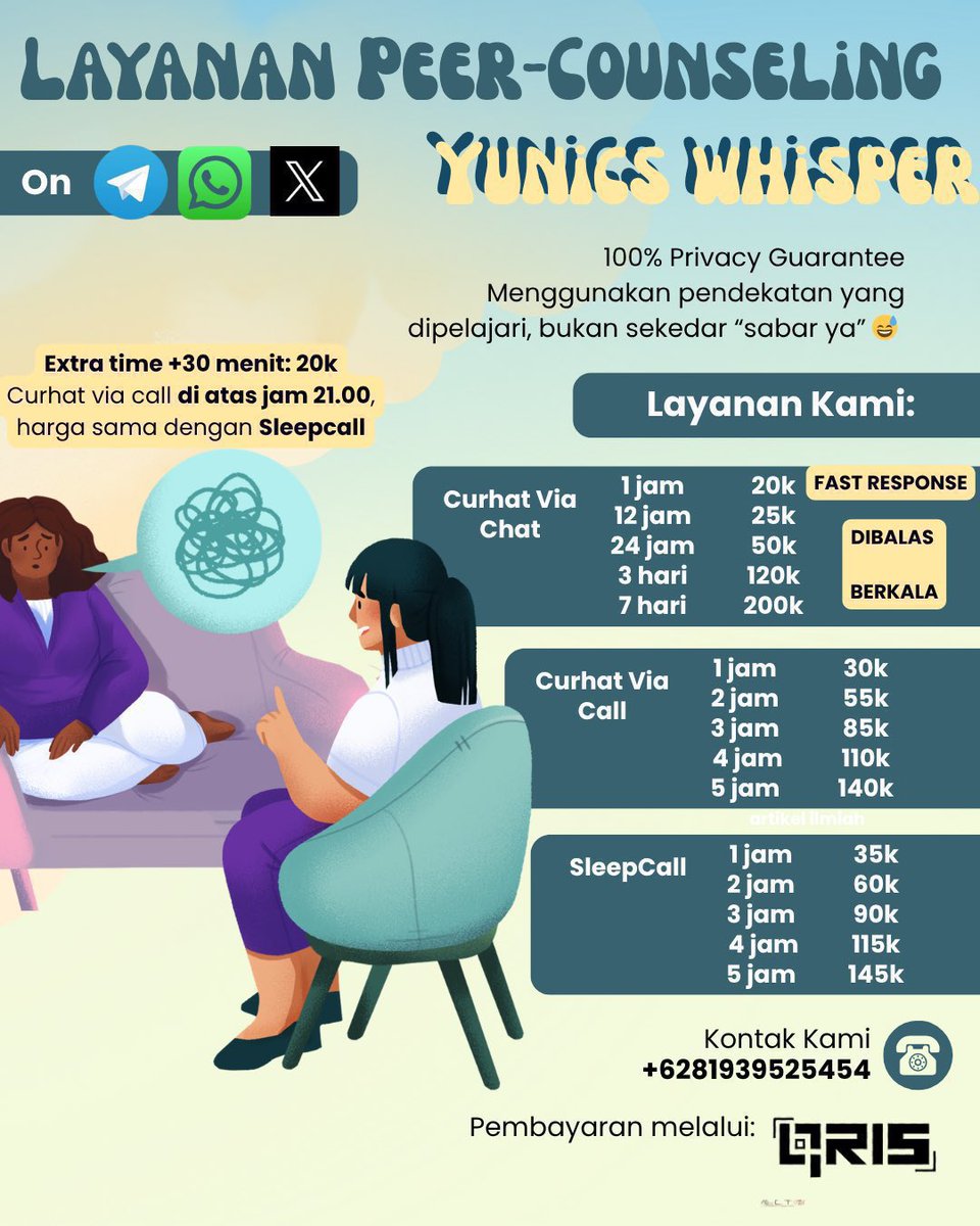 yunicswhisper's tweet photo. Kalau semuanya terasa berat, kamu nggak harus hadapin sendiri.
Cerita ke aku aja ya. Aku mahasiswa yang mempelajari ilmu psikiatri dan open jasa curhat call/chat/sleepcall ✨ Testimoni bisa dicek di pinned dan kontak WA aku di bio yah
#jasacurhat #zonauang #sleepcall #zonajajan https://t.co/23l6reScPp