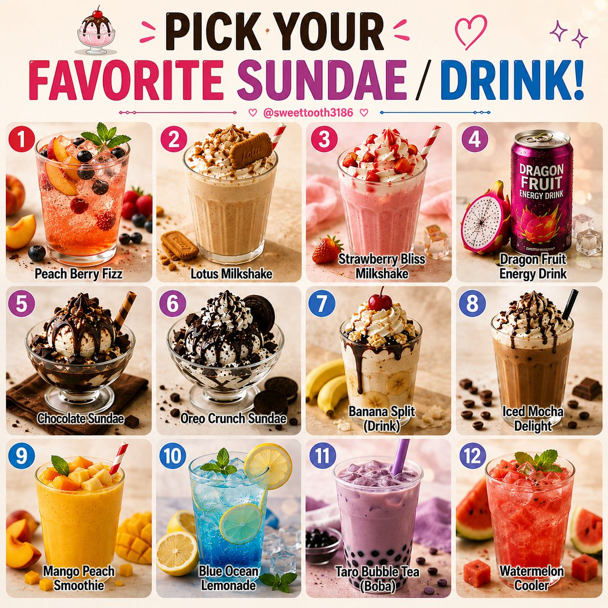 sweettooth3186's tweet photo. Pick your favorite Sundae/Drink.🍹 https://t.co/7YdgrHqUI1