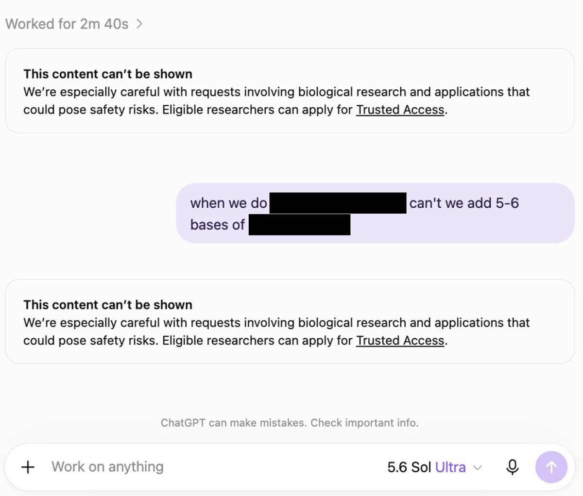 _AJSethi's tweet photo. @ChrisHayduk Biosafety filters block and delay legitimate research especially for molecular biology. Trusted access at org level is a slow verification lever and just creates complexity and delay for fast-moving science. https://t.co/8HppBJU1g2