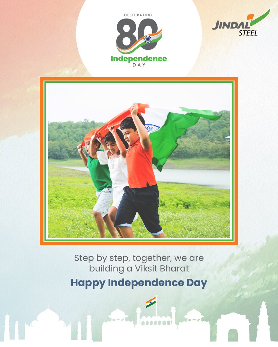 JindalSteel_In's tweet photo. Somewhere between the freedom we inherited and the future we imagine, is the India we are building today.

As we mark our 80th Independence Day, our ambitions have grown, our possibilities have expanded, and the responsibility to keep India moving forward belongs to all of us.

As India builds what comes, we are proud to shape its journey with the strength of steel.

Jai Hind!

#IndependenceDay2026 #SteelOfIndia #HarGharTiranga