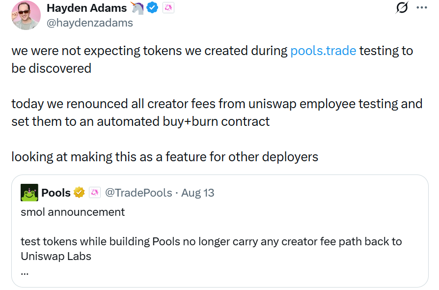 cfm_sol's tweet photo. $FRONG is actually worth paying close attention to, because it is currently the "cleanest mechanism and best example of the flywheel effect in action" on Pools. The trading itself is strengthening the token's underlying structure, rather than relying purely on narrative or team-driven momentum.

Pools is the official memecoin launchpad launched by Uniswap Labs on Robinhood Chain. FRONG is one of the early test tokens created by Uniswap product designers using the Pools test contract before the official launch.

The core mechanism of TradePools: 0.25% of trading fees are automatically reinvested and locked as liquidity, and 0.05% creator fees are used for buybacks and burns. The higher the trading volume, the deeper the liquidity and the stronger the structure.

The teaser video before Pools launched was actually named "frong.mp4," featuring a frog, uploaded by Zack Labadie. Combined with the fact that Uniswap's official account has also posted frog-related content multiple times, the lore alignment is quite strong.

Later, Uniswap founder Hayden Adams publicly stated: "We didn't expect the tokens created during testing to be discovered," and confirmed that they have waived all creator fees for test tokens including FRONG, switching to an automatic buyback-and-burn mechanism instead.

Furthermore, both the Pools launchpad and FRONG have a clear flywheel mechanism.

The core flywheel of the Pools launchpad itself: trading generates 0.25% fees, most of which are automatically reinvested back into the permanently locked liquidity pool. Deeper liquidity → lower slippage and better trading experience, attracting more trading volume → back to step one.

FRONG has an additional flywheel on top: because FRONG is a test-phase token, Uniswap later waived all creator fees and changed it to: all fees are used for buybacks and burns.

So FRONG now has a double flywheel: (Pools general mechanism) liquidity-deepening flywheel + deflationary flywheel (more trading → more buybacks and burns).

The higher the cumulative trading volume, the more locked liquidity increases and the larger the buyback/burn amount. For example, at $200M in trading volume, a rough estimate would be ~$500K in liquidity deepening + ~$100K in buybacks and burns.

Additionally, my initial understanding of FRONG—that it brings attention to Pools—remains unchanged.