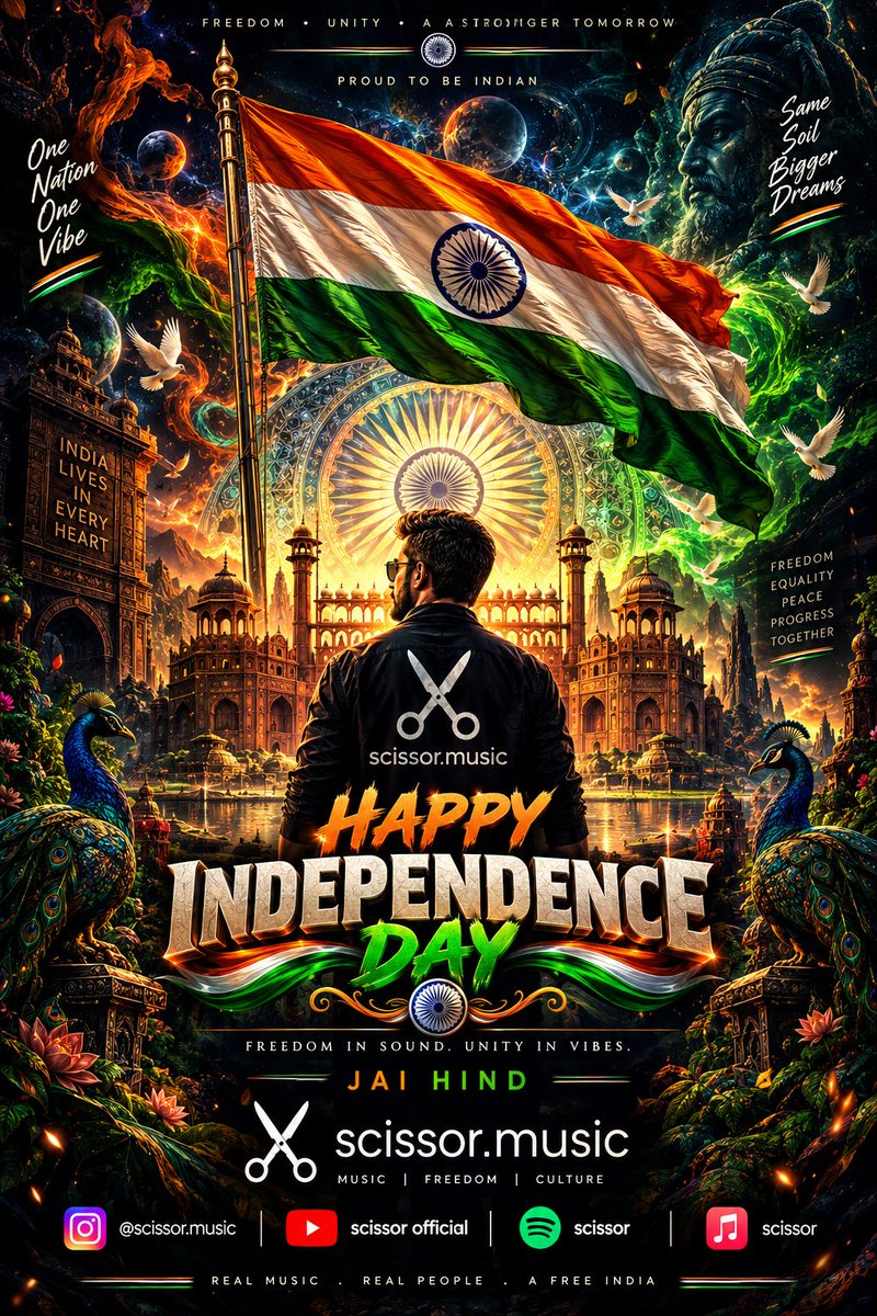 Scissormusic's tweet photo. “Let your music be fearless, your creativity be free, and your voice echo beyond every boundary. 🇮🇳🎶
This Independence Day, celebrate the freedom to create, inspire, and dream.
**Jai Hind! 🇮🇳**”

#independenceday https://t.co/mOrJQC9wxm