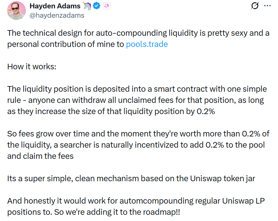 cfm_sol's tweet photo. $FRONG is actually worth paying close attention to, because it is currently the "cleanest mechanism and best example of the flywheel effect in action" on Pools. The trading itself is strengthening the token's underlying structure, rather than relying purely on narrative or team-driven momentum.

Pools is the official memecoin launchpad launched by Uniswap Labs on Robinhood Chain. FRONG is one of the early test tokens created by Uniswap product designers using the Pools test contract before the official launch.

The core mechanism of TradePools: 0.25% of trading fees are automatically reinvested and locked as liquidity, and 0.05% creator fees are used for buybacks and burns. The higher the trading volume, the deeper the liquidity and the stronger the structure.

The teaser video before Pools launched was actually named "frong.mp4," featuring a frog, uploaded by Zack Labadie. Combined with the fact that Uniswap's official account has also posted frog-related content multiple times, the lore alignment is quite strong.

Later, Uniswap founder Hayden Adams publicly stated: "We didn't expect the tokens created during testing to be discovered," and confirmed that they have waived all creator fees for test tokens including FRONG, switching to an automatic buyback-and-burn mechanism instead.

Furthermore, both the Pools launchpad and FRONG have a clear flywheel mechanism.

The core flywheel of the Pools launchpad itself: trading generates 0.25% fees, most of which are automatically reinvested back into the permanently locked liquidity pool. Deeper liquidity → lower slippage and better trading experience, attracting more trading volume → back to step one.

FRONG has an additional flywheel on top: because FRONG is a test-phase token, Uniswap later waived all creator fees and changed it to: all fees are used for buybacks and burns.

So FRONG now has a double flywheel: (Pools general mechanism) liquidity-deepening flywheel + deflationary flywheel (more trading → more buybacks and burns).

The higher the cumulative trading volume, the more locked liquidity increases and the larger the buyback/burn amount. For example, at $200M in trading volume, a rough estimate would be ~$500K in liquidity deepening + ~$100K in buybacks and burns.

Additionally, my initial understanding of FRONG—that it brings attention to Pools—remains unchanged.