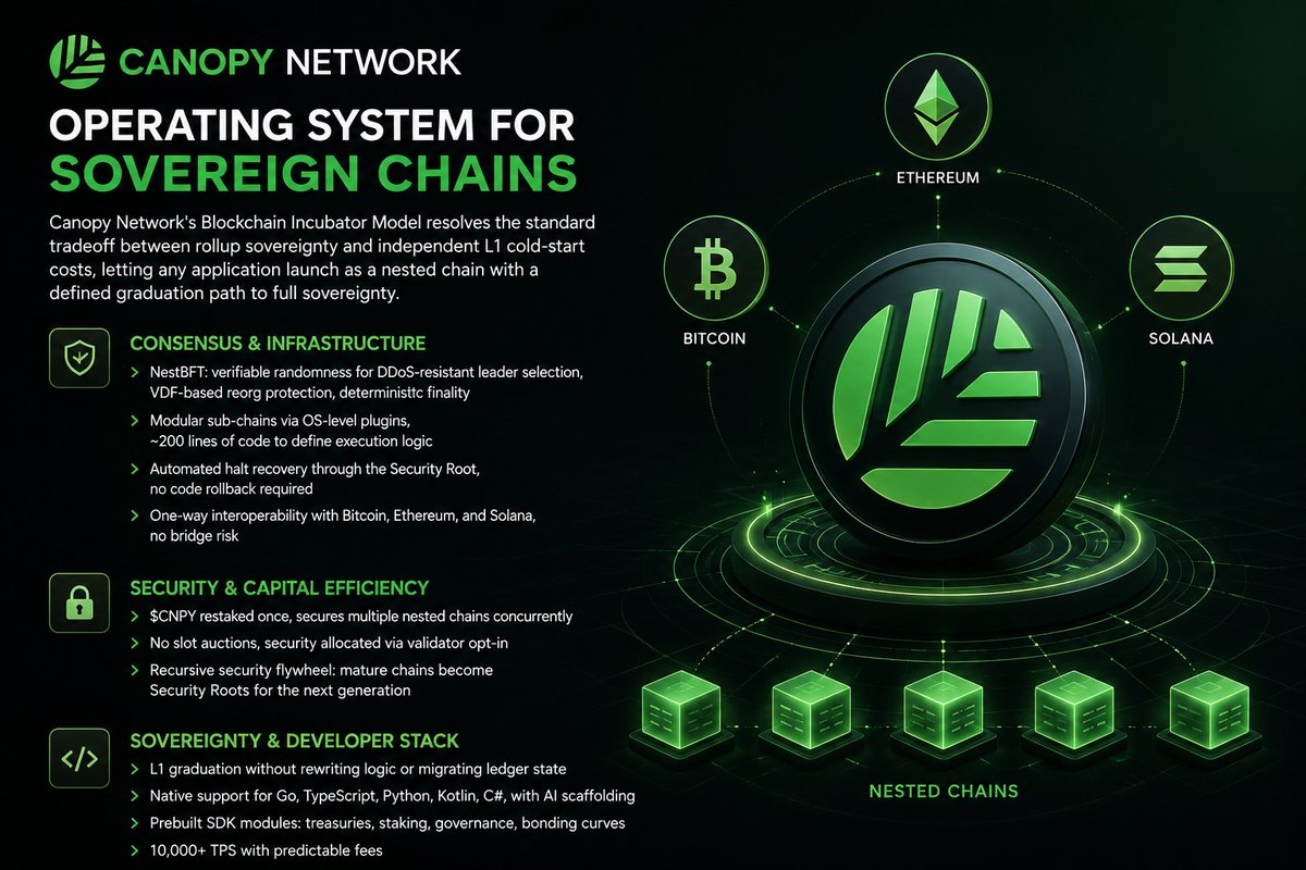HBO_data's tweet photo. GOOD MORNING CANOPY

Canopy Network: Operating System for Sovereign Chains

@CNPYNetwork’s Blockchain Incubator Model resolves the standard tradeoff between rollup sovereignty and independent L1 cold-start costs, letting any application launch as a nested chain with a defined graduation path to full sovereignty.

Consensus & Infrastructure
-> NestBFT: verifiable randomness for DDoS-resistant leader selection, VDF-based reorg protection, deterministic finality
-> Modular sub-chains via OS-level plugins, ~200 lines of code to define execution logic
-> Automated halt recovery through the Security Root, no code rollback required
-> One-way interoperability with Bitcoin, Ethereum, and Solana, no bridge risk

Security & Capital Efficiency
-> $CNPY restaked once, secures multiple nested chains concurrently
-> No slot auctions, security allocated via validator opt-in
-> Recursive security flywheel: mature chains become Security Roots for the next generation

Sovereignty & Developer Stack
-> L1 graduation without rewriting logic or migrating ledger state
-> Native support for Go, TypeScript, Python, Kotlin, C#, with AI scaffolding
-> Prebuilt SDK modules: treasuries, staking, governance, bonding curves
-> 10,000+ TPS with predictable fees