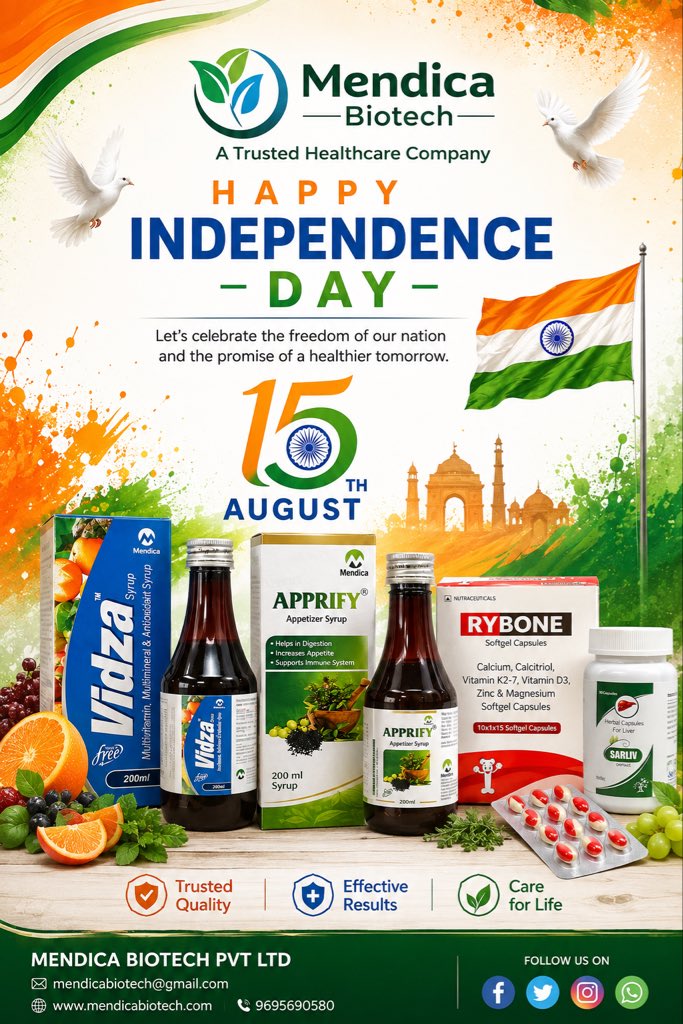 MendicaBiotech's tweet photo. 🇮🇳 Celebrating the spirit of freedom and the dream of a healthier India!
This Independence Day, Mendica Biotech Pvt. Ltd. proudly stands for quality, wellness, and better health. 💚🤍🧡

Happy 80th Independence Day! 🇮🇳
Proud to serve India with trusted healthcare solutions. https://t.co/r3G6BzODtj