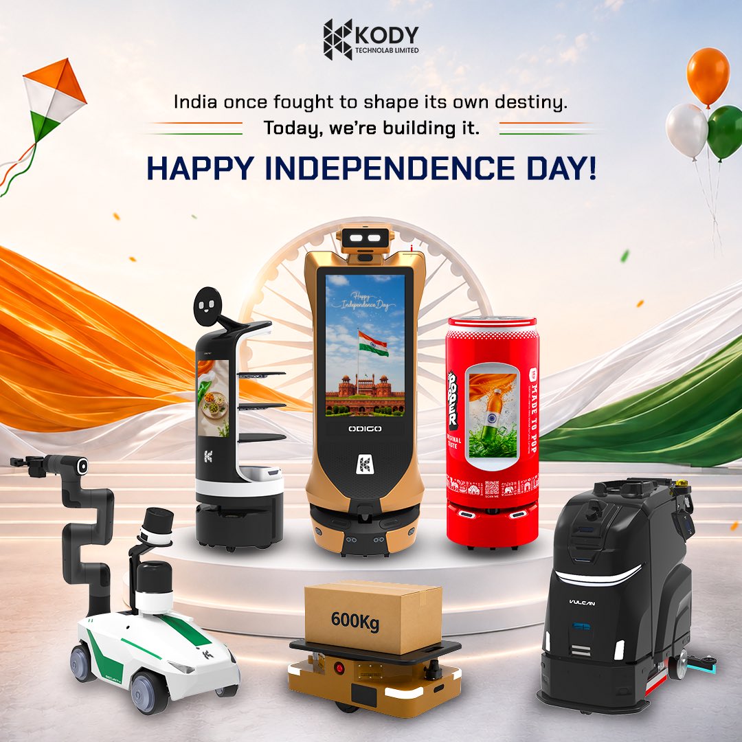 kody_technolab's tweet photo. #India once fought to shape its destiny, today, we’re engineering it. 🇮🇳🤖

At @kody_technolab, independence means building indigenous #robotics &amp; #AI that power a self-reliant, tech-driven nation.

Happy Independence Day! ✨

#IndependenceDay2026 #Roboticscompany #KodyTechnolab https://t.co/HFym2aaav7