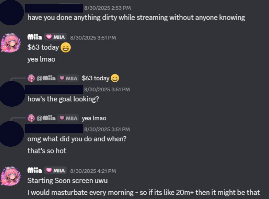 awooisms's tweet photo. Here's a follow up the the post I made earlier. Here's four caps of @MiiaTzu  openly flirting with an ex mod of hers and bringing up when she'd touch herself while streaming, aswell as mentioning touching herself to said ex mod. Then saying no one knows she's secretly pervy. https://t.co/URzokNn0jC