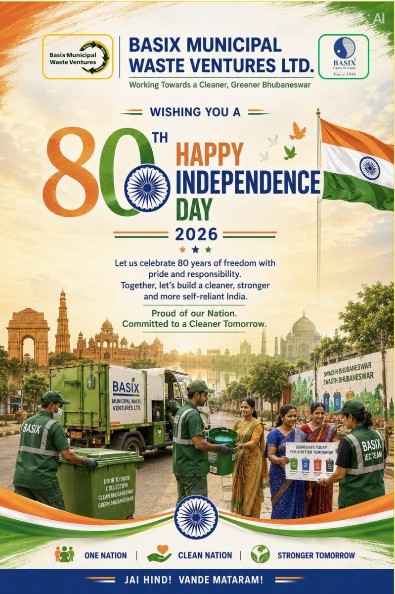 BMWV_BBSR's tweet photo. 🇮🇳 Team Basix wishes everyone a very Happy 80th Independence Day! 🇮🇳

Let’s celebrate the spirit of freedom, unity and patriotism by keeping our nation clean, green and beautiful. 🌿✨

Jai Hind
#india 
#jaihind https://t.co/IZbHJZlI1v