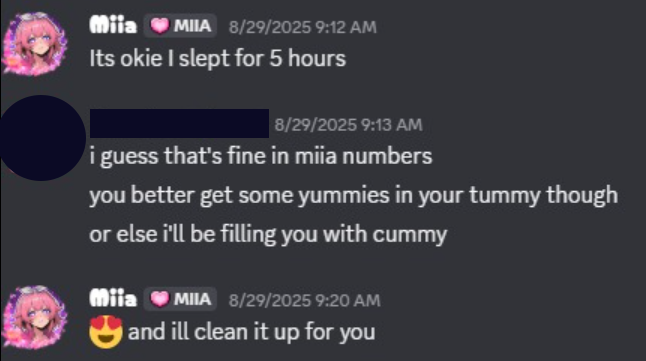 awooisms's tweet photo. Here's a follow up the the post I made earlier. Here's four caps of @MiiaTzu  openly flirting with an ex mod of hers and bringing up when she'd touch herself while streaming, aswell as mentioning touching herself to said ex mod. Then saying no one knows she's secretly pervy. https://t.co/URzokNn0jC