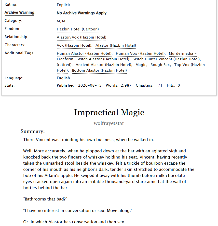 StatickyRadio's tweet photo. Zine fic live! 🔗⬇️ (Also my 150th fic on AO3, whoo!) Written for Volume 3 of the Old Man Yaoi Zine! Big age gap, magic, violence, rough sex... what more could you want in 3k words? @yaoithatoldman #murdermedia https://t.co/Lb1RB6lwK4