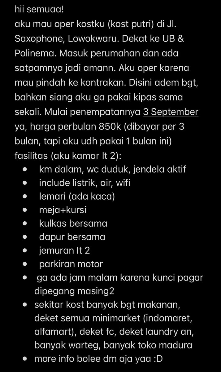 ChAezEey's tweet photo. hi guys😆
aku mo oper kost nih karena mau pindah ke kontrakan, harganya 800/bulan aja dari aku guys, yuk dm ajaa
❗️km dalam, include (listrik, air, wifi), deket POLINEMA & UB
+adem tanpa kipas
#kosputri #malang #kost #operkos #kosmalang #kosputrimalang https://t.co/jvxcUCmg15