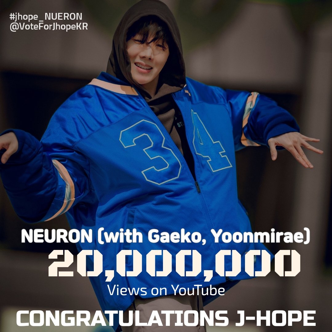 VoteForJhopeKR's tweet photo. ⭐️j-hope 'NEURON (with Gaeko, Yoonmirae)' 유튜브 공식 MV 조회수 20M을 돌파하였습니다!!
제이홉 축하합니다!!🎉

축하 뮤스밍 함께해 주세요❣️
🔗https://t.co/jqchGVWb4V

CONGRATULATIONS J-HOPE
#jhope_NEURON #NEURON #HOPE_ON_THE_STREET_VOL_1 
#jhope #제이홉 https://t.co/k1elV6GdTF