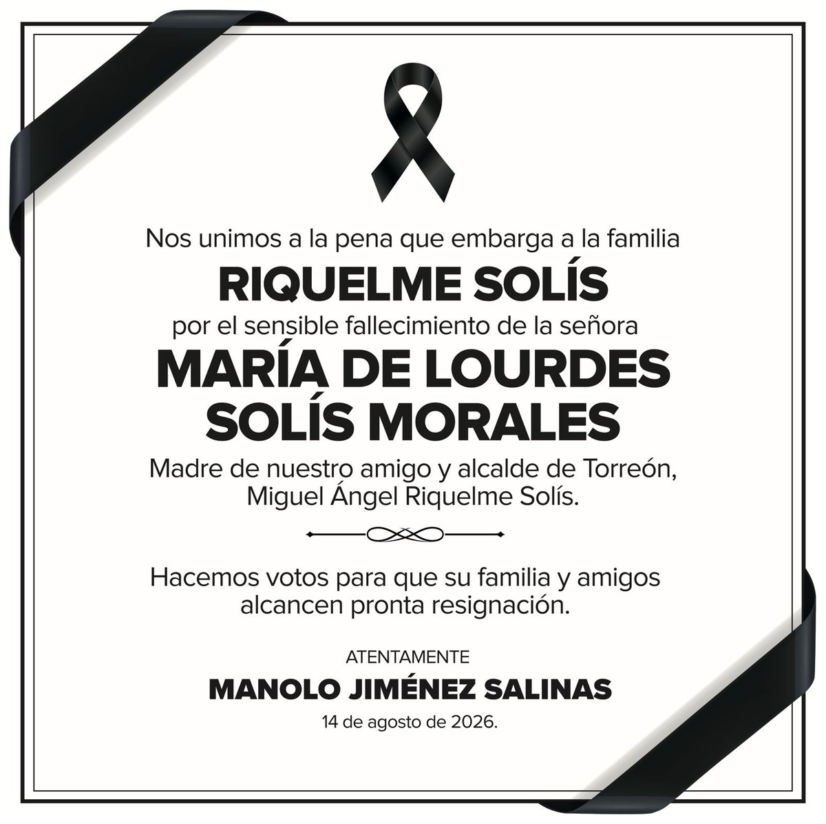 manolojim's tweet photo. Lamento profundamente el sensible fallecimiento de la sra. María de Lourdes Solís Morales, madre de nuestro amigo y alcalde de Torreón @mrikelme. Nuestro más sentido pésame para su familia y sus seres queridos. Descanse en paz. 🙏🏼 https://t.co/ItoaalHyGL