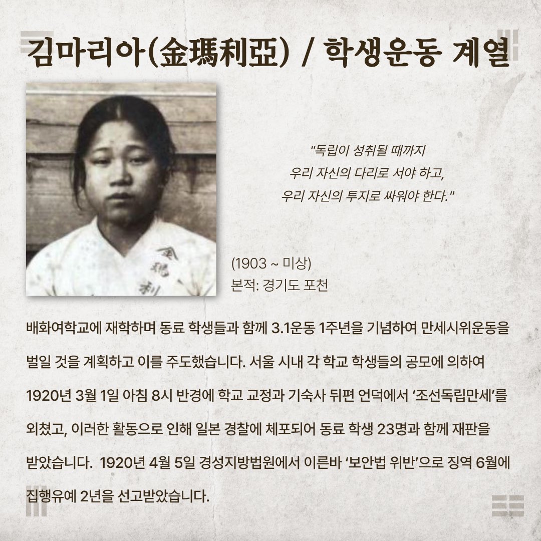 padong_kwu's tweet photo. #광복절 #여성독립운동가
여성독립운동가를 얼마나 알고 계시나요?

일제로부터 해방 이후 ��직 100년도 채 되지 않은 시점, 빛을 되찾기 위해 자신의 삶을 내어놓았던 그 이름들이 역사의 뒤편에 머물지 않도록
우리가 기억하지 못 한 그날의 이름을
우리는 기록하고 잊지 않겠습니다. https://t.co/xr15McyDrF