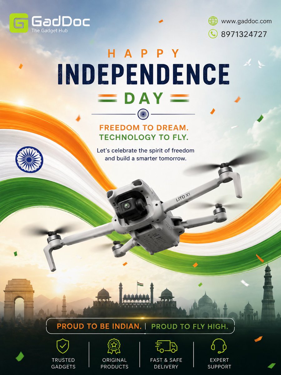 GaddocMarketing's tweet photo. 🇮🇳 Freedom to dream. Technology to fly. 🚁

This Independence Day, let’s celebrate the spirit of freedom, innovation &amp; exploration.

Proud to be Indian. Proud to fly high. 🇮🇳

🌐 https://t.co/1rNFDvdYNN
📞 8971324727

#IndependenceDay #India #DJI #Drones https://t.co/C1OSW8RwxX